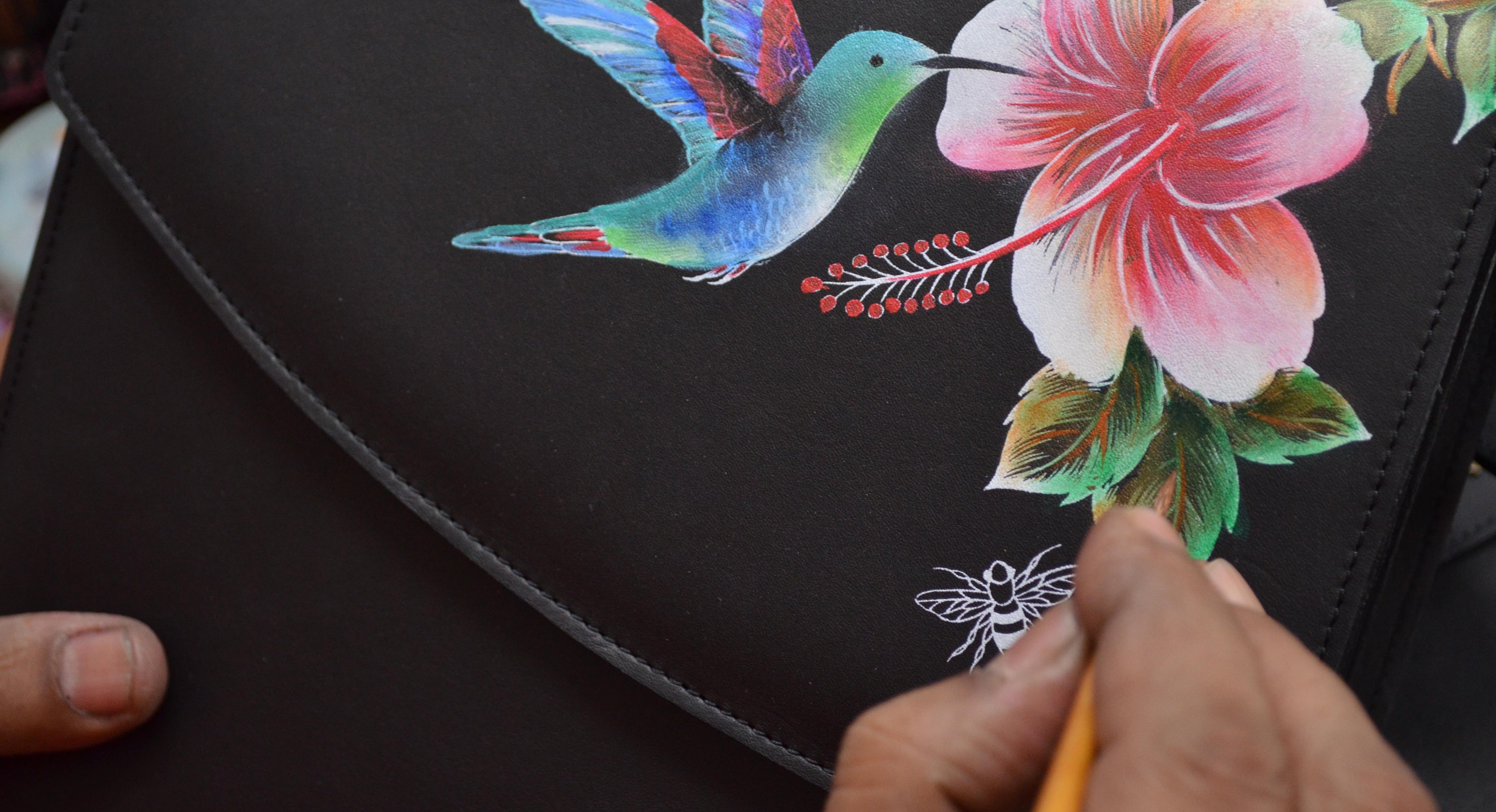 Hummingbird Black Hand Painted bags and accessories