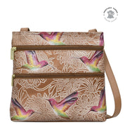 Tooled Birds Tan Medium Crossbody With Double Zip Pockets - 447