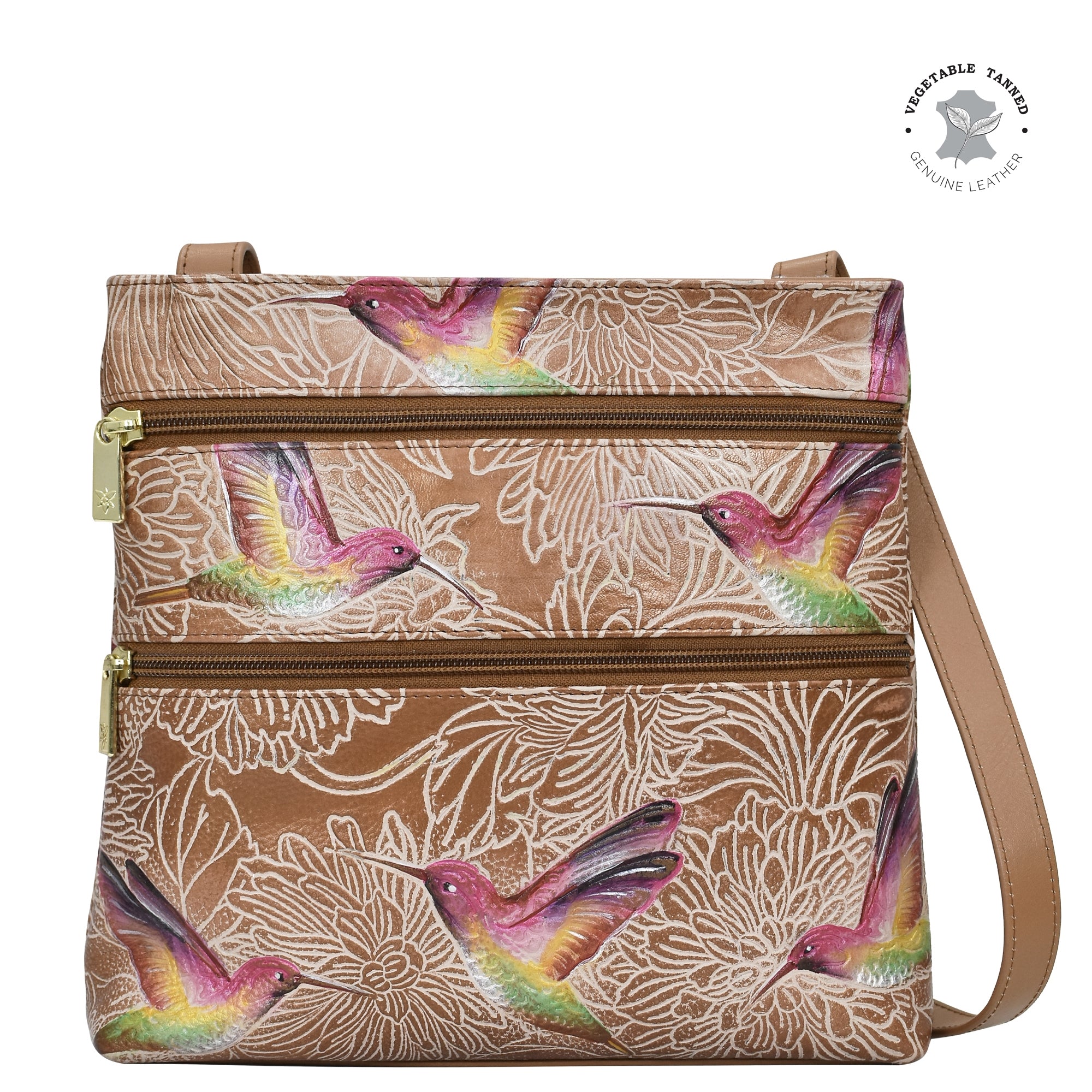 Tooled Birds Tan Medium Crossbody With Double Zip Pockets - 447