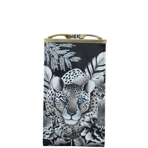Anuschka style 1009, handpainted Double Eyeglass Case. Cleopatra's Leopard painting in black, grey and silver color. Inside faux suede lining.