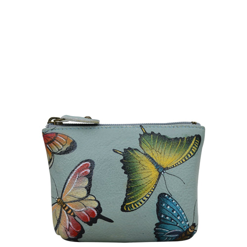 Anuschka style 1031, handpainted Coin Pouch. Butterfly Heaven painting in green/mint color. Top zip entry coin pouch.