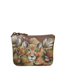 Load image into Gallery viewer, Anuschka style 1031, Coin Pouch. Cleopatra&#39;s Leopard painting in tan color. Top zip entry coin pouch.
