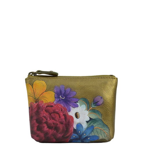 Anuschka style 1031, handpainted Coin Pouch. Dreamy Floral painting in multi color. Top zip entry coin pouch.