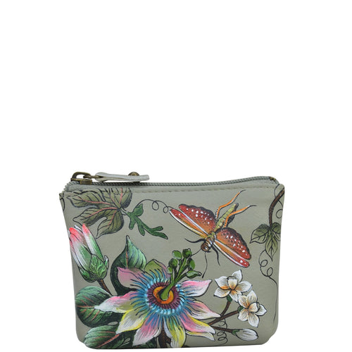 Anuschka style 1031, handpainted Coin Pouch. Floral Passion painting in Multi color. Top zip entry coin pouch.