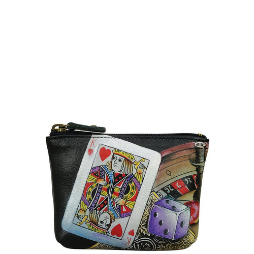 Anuschka style 1031, handpainted Coin Pouch. High Roller painting in black color. Top zip entry coin pouch.