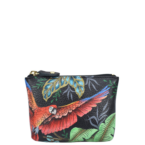 Anuschka style 1031, Coin Pouch. Rainforest Beauties painting in Black color. Top zip entry coin pouch.