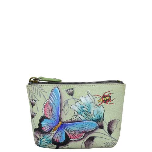 Anuschka style 1031, Coin Pouch. Wondrous Wings painting in green/mint color. Top zip entry coin pouch.
