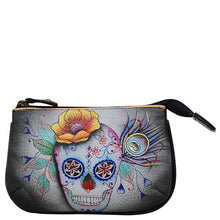 Load image into Gallery viewer, Anuschka style 1107, handpainted Medium Zip Pouch. Calaveras de Azucar painting in multi color. Featuring Great for keeping keys, coins, rings and other little things handy.
