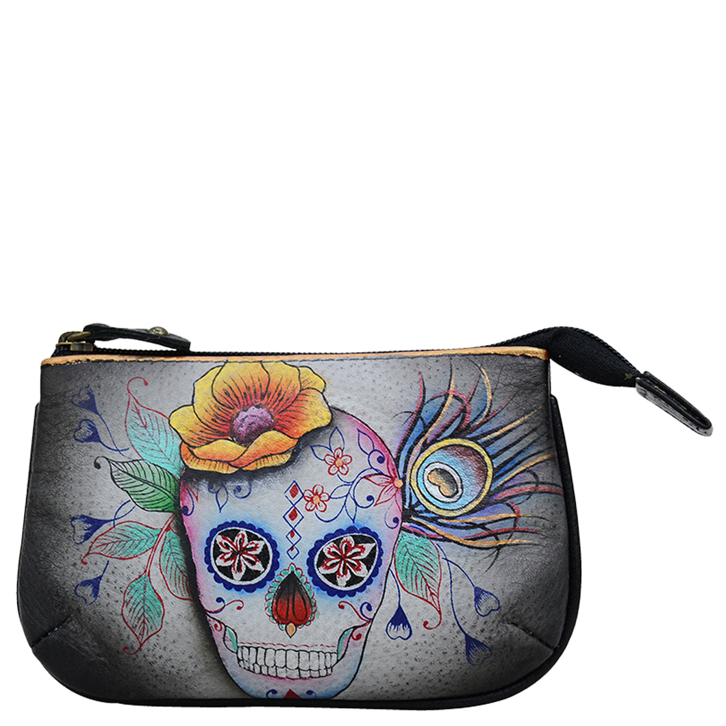 Anuschka style 1107, handpainted Medium Zip Pouch. Calaveras de Azucar painting in multi color. Featuring Great for keeping keys, coins, rings and other little things handy.