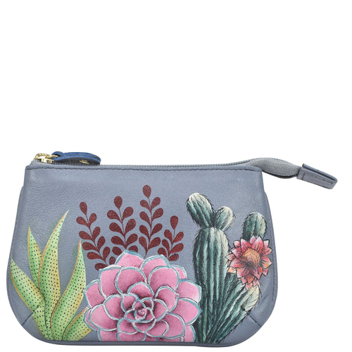 Anuschka style 1107, handpainted Medium Zip Pouch. Desert Garden painting in grey color. Featuring Great for keeping keys, coins, rings and other little things handy.