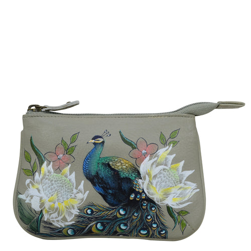 Anuschka style 1107, handpainted Medium Zip Pouch. Regal Peacock painting in blue color. Featuring Great for keeping keys, coins, rings and other little things handy.