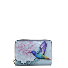 Load image into Gallery viewer, Anuschka style 1110, handpainted Accordion Style Credit And Business Card Holder. Rainbow Birds Painting in Grey Color. Featuring all round zip entry to main compartment with Eleven Credit card holders.
