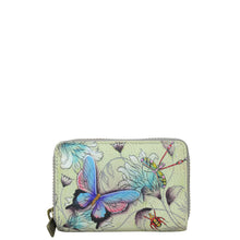 Load image into Gallery viewer, Anuschka style 1110, handpainted Accordion Style Credit And Business Card Holder. Wondrous Wings Painting in green/mint Color. Featuring all round zip entry to main compartment with Eleven Credit card holders.
