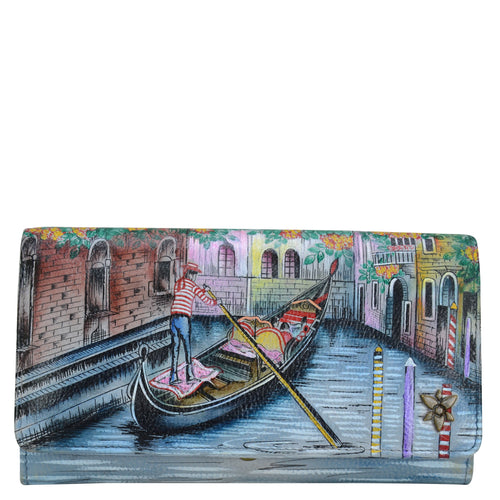 Anuschka style 1112, handpainted leather accordion flap wallet. Venetian Story painting in blue color. Featuring RFID blocking and many credit card slots.