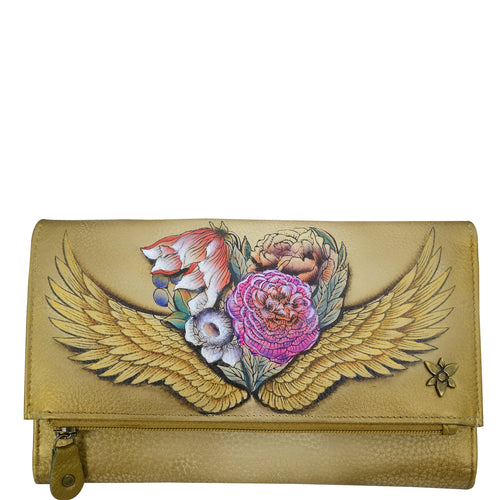 Anuschka style 1136, Handpainted Three Fold Clutch, Angel Wings painting in tan color. Featuring Snap button entry and many credit card slots.