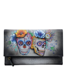 Load image into Gallery viewer, Anuschka style 1136, Handpainted Three Fold Clutch. Calaveras de Azucar painting in grey color. Featuring Snap button entry and many credit card slots.
