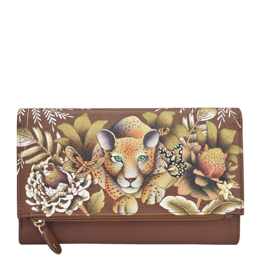 Anuschka style 1136, Handpainted Three Fold Clutch. Cleopatra's Leopard painting in Tan Color. Featuring Snap button entry and many credit card slots.