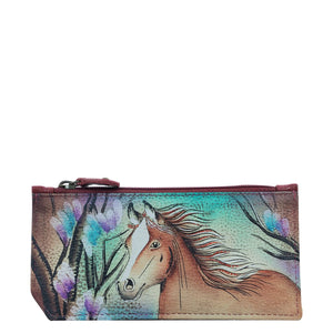 Anuschka style 1140, handpainted Card Case with Coin Pouch. Free Spirit painting in brown color. Featuring RFID blocking and many credit card slots.