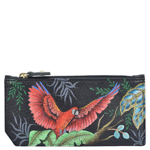 Load image into Gallery viewer, Anuschka style 1140, Handpainted Card Case with Coin Pouch, Rainforest Beauties painting in Black color.  Featuring RFID blocking and many credit card slots.
