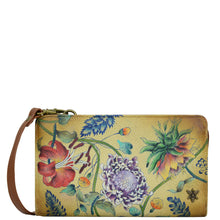 Load image into Gallery viewer, Anuschka style 1149, handpainted Organizer Wallet Crossbody. Caribbean Garden painting in tan color. Featuring six RFID blocking.
