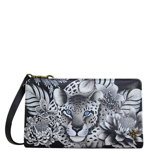Anuschka style 1149, handpainted Organizer Wallet Crossbody. Cleopatra's Leopard painting in black, grey and silver color. Featuring six RFID blocking.