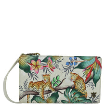 Load image into Gallery viewer, Anuschka style 1149, handpainted Organizer Wallet Crossbody. Jungle Queen painting in Ivory color. Featuring six RFID blocking.
