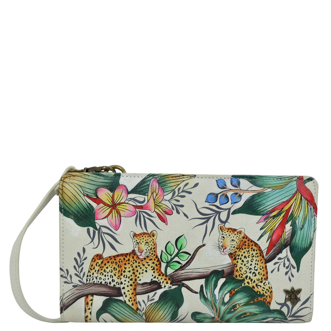 Anuschka style 1149, handpainted Organizer Wallet Crossbody. Jungle Queen painting in Ivory color. Featuring six RFID blocking.