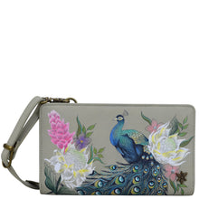 Load image into Gallery viewer, Anuschka style 1149, handpainted Organizer Wallet Crossbody. Regal Peacock painting in grey color. Featuring six RFID blocking.
