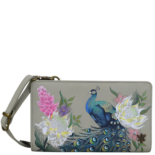 Anuschka style 1149, handpainted Organizer Wallet Crossbody. Regal Peacock painting in grey color. Featuring six RFID blocking.