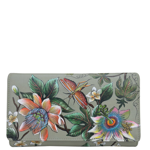 Anuschka style 1150, Three Fold Wallet. Floral Passion painting in Multi color. Featuring RFID blocking and many credit card slots.