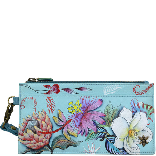 Anuschka style 1151, handpainted Clutch Organizer Wristlet. Jardin Bleu painting in blue color. Featuring Rear six credit card holders with RFID protection.
