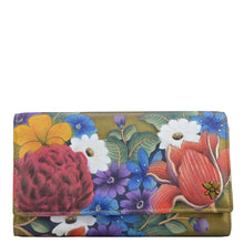 Load image into Gallery viewer, Anuschka style 1153, handpainted Checkbook Clutch. Dreamy Floral painting in golden color. Featuring Thirteen card holders with RFID protection.
