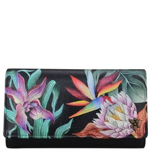 Load image into Gallery viewer, Anuschka style 1153, handpainted Checkbook Clutch. Island Escape Black painting in black color. Featuring Thirteen card holders with RFID protection.
