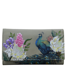 Load image into Gallery viewer, Anuschka style 1153, handpainted Checkbook Clutch. Regal Peacock Black painting in grey color. Featuring Thirteen card holders with RFID protection.
