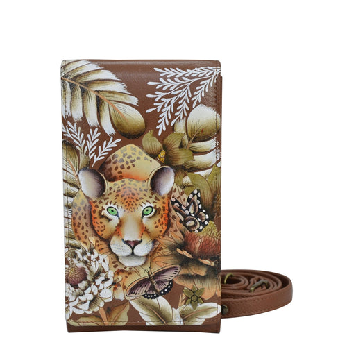 Anuschka style 1154, Smartphone Crossbody. Cleopatra's Leopard painting in tan color. Featuring RFID blocking, many credit card slots and one ID window.