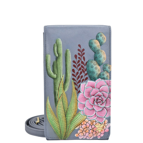 Anuschka style 1154, Smartphone Crossbody. Desert Garden painting in grey color. Featuring RFID blocking, many credit card slots and one ID window.