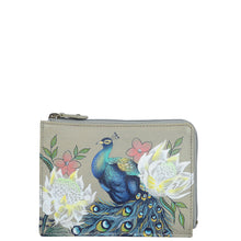 Load image into Gallery viewer, Anuschka style 1160, handpainted Key Zip Case. Regal Peacock painting in grey color. Featuring pockets for your cards and a zip pocket for coins and receipts.
