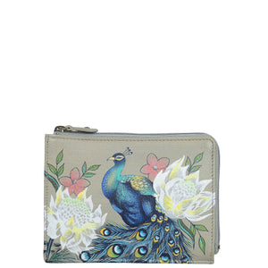 Anuschka style 1160, handpainted Key Zip Case. Regal Peacock painting in grey color. Featuring pockets for your cards and a zip pocket for coins and receipts.