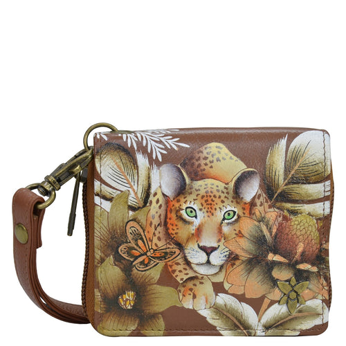 Anuschka style 1161, Zip Around Small Organizer Wallet. Cleopatra's Leopard painting in tan color. Featuring RFID blocking and many credit card slots.
