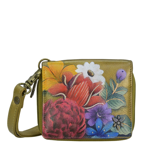 Anuschka style 1161, Zip Around Small Organizer Wallet. Dreamy Floral painting in Golden color. Featuring RFID blocking and many credit card slots.