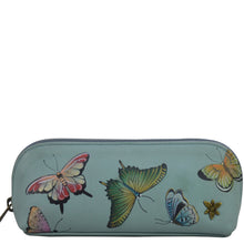 Load image into Gallery viewer, Anuschka style 1163, Medium Zip-Around Eyeglass/Cosmetic Pouch.  Butterfly Heaven painting in Green or Mint Color. Featuring soft fabric lining and secure zip closure.
