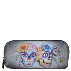 Anuschka style 1163, Medium Zip-Around Eyeglass/Cosmetic Pouch.  Calaveras de Azúcar painting in Black color. Featuring soft fabric lining and secure zip closure.