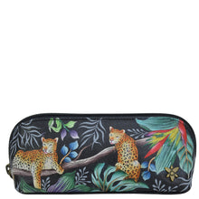 Load image into Gallery viewer, Anuschka style 1163,handpainted Medium Zip-Around Eyeglass/Cosmetic Pouch. Jungle Queen painting in black color. Featuring soft fabric lining and secure zip closure.
