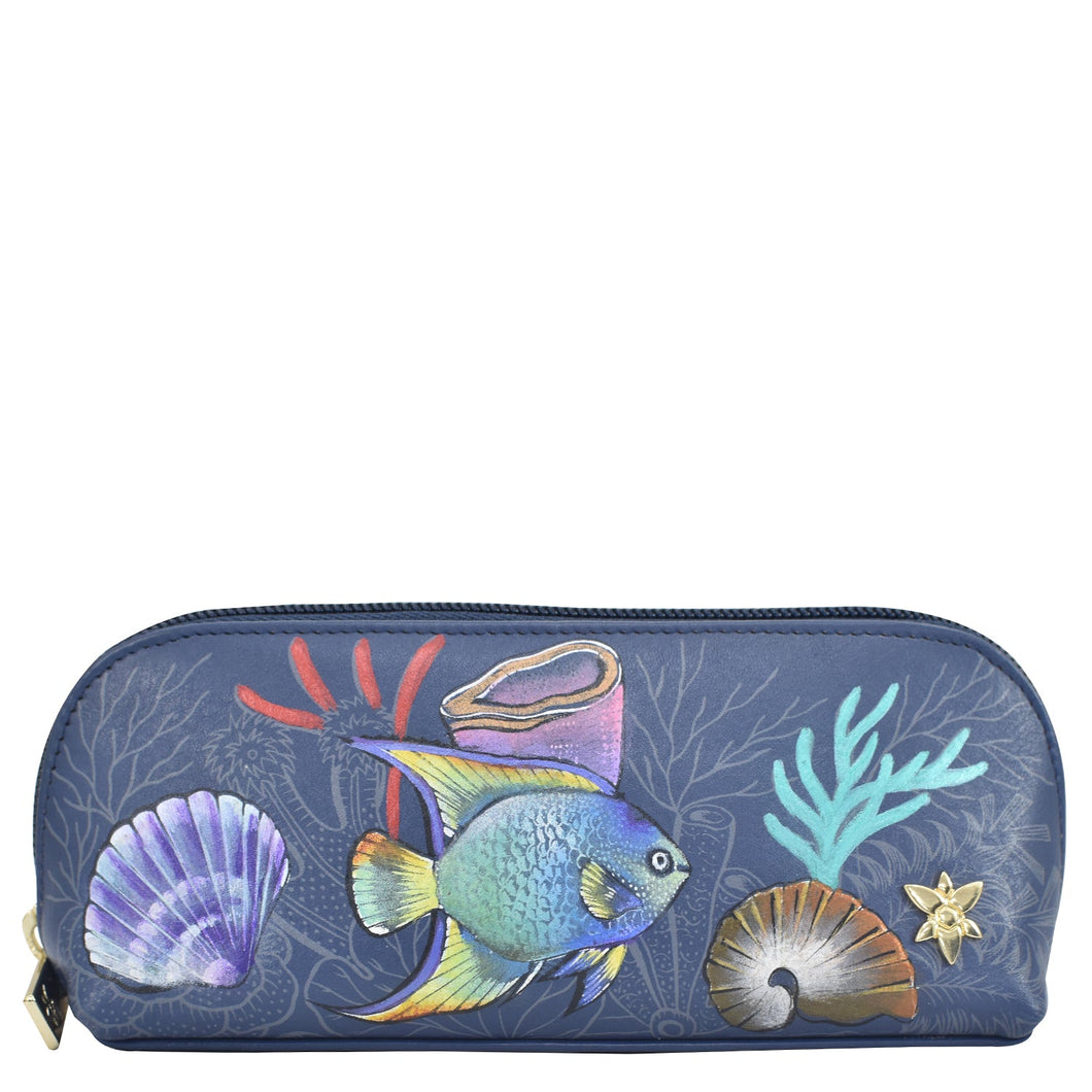 Anuschka style 1163, Medium Zip-Around Eyeglass/Cosmetic Pouch.  Mystical Reef painting in Blue color. Featuring soft fabric lining and secure zip closure.