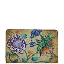 Load image into Gallery viewer, Anuschka style 1166, handpainted Two-Fold Small Organizer Wallet. Caribbean Garden painting in Tan color. Featuring RFID blocking and many credit card slots.
