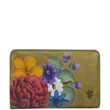 Load image into Gallery viewer, Anuschka style 1166, handpainted Two-Fold Small Organizer Wallet. Dreamy Floral painting in Golden color. Featuring RFID blocking and many credit card slots.
