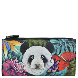 Anuschka style 1171, handpainted Two Fold Wallet. Happy Panda painting in Green color. Featuring RFID blocking and many credit card slots.