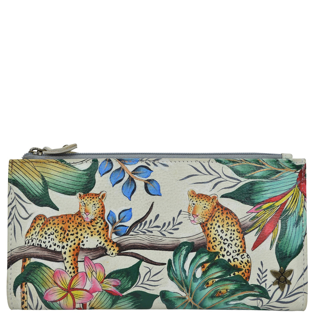 Anuschka style 1171,  handpainted Two Fold Wallet. Jungle Queen painting in Ivory color. Featuring RFID blocking and many credit card slots.