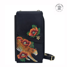 Load image into Gallery viewer, Anuschka style 1173, handpainted Crossbody Phone Case. Enigmatic Leopard painting in Black color.Featuring RFID blocking and many credit card slots.
