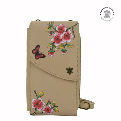 Anuschka style 1173, handpainted Crossbody Phone Case. Flower Garden Almond painting in Tan color. Featuring RFID blocking and many credit card slots.